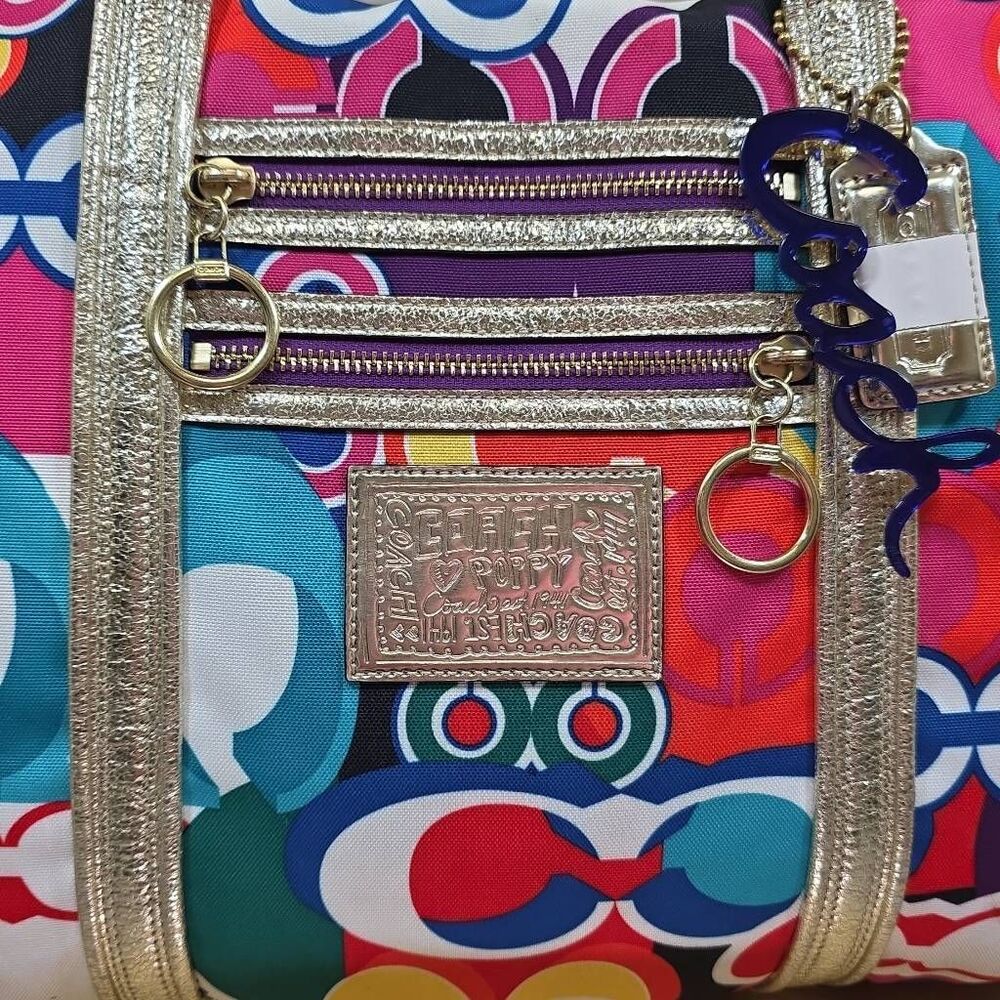 Coach Poppy Glam Tote Op Art Signature Multi-Color Jacquard Shoulder Bag Gold Le - Picture 2 of 14
